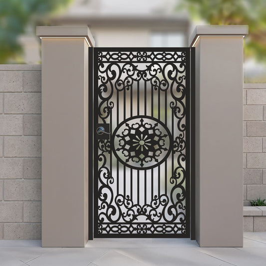 metal laser cut pedestrian garden gate featuring central oriental medallion rosette and ornate scrollwork border