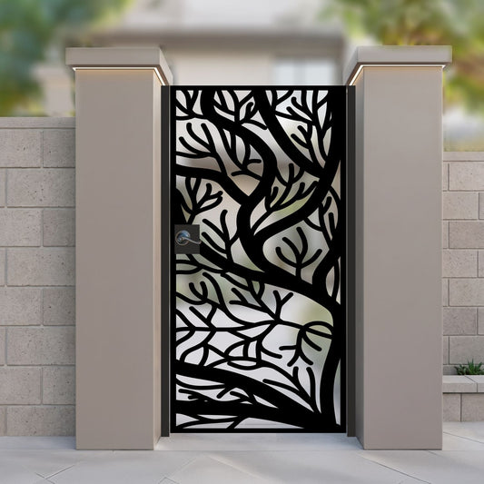Matte Black metal laser cut pedestrian garden gate featuring modern organic tree branch and root silhouette pattern