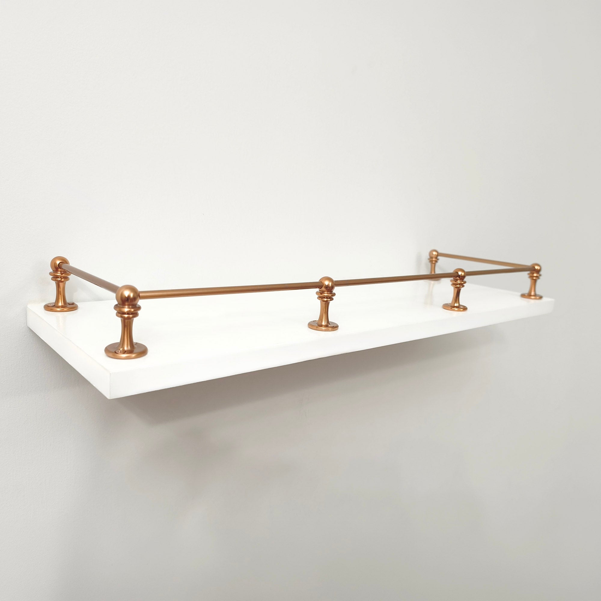 Copper Gallery Rail, Copper Shelf Tipping, Floating Shelf Tipping with Decorative Posts, Rack-Mounted Gallery Rail, Bookshelf