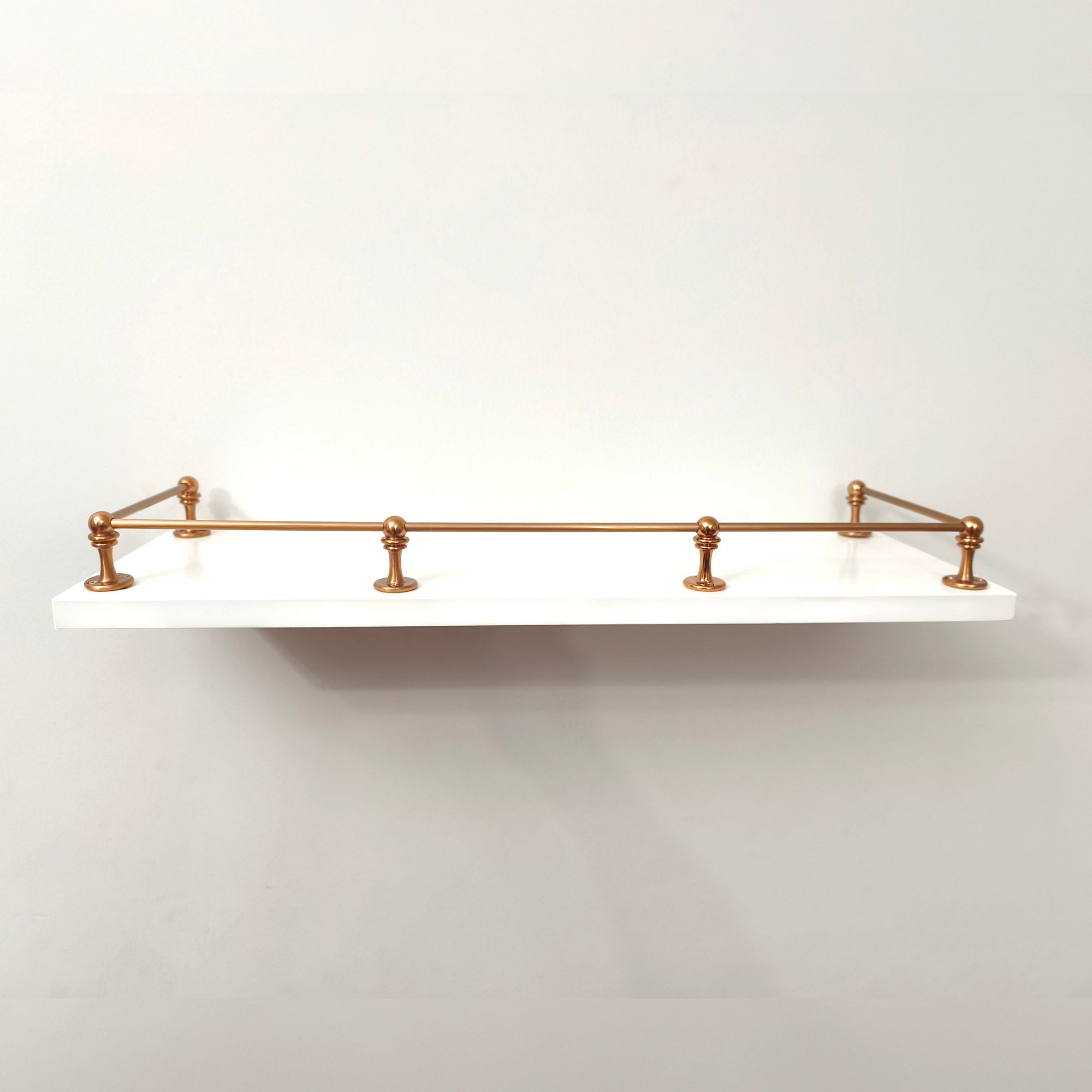 Copper Gallery Rail, Copper Shelf Tipping, Floating Shelf Tipping with Decorative Posts, Rack-Mounted Gallery Rail, Bookshelf