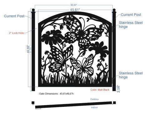 45"x46"Custom Gate, Metal Garden Gate, Metal Art Accent, Pedestrian Walk Thru Entry, Outdoor Indoor Garden Gate, Butterfly design gate 33