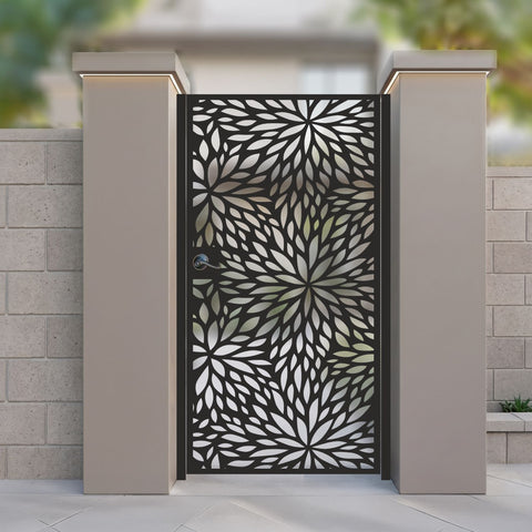 Dahlia Bloom Ornate Floral Metal Garden Gate | Sunburst Flower Pattern Laser Cut Door | Luxury Chrysanthemum Pattern Outdoor Entrance | Petal Design Pedestrian Entry | M101