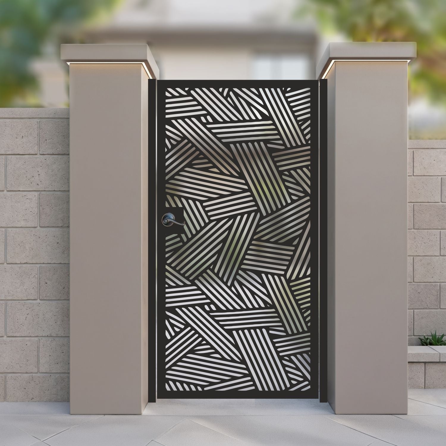 Modern Asymmetric Pedestrian Door | Luxury Outdoor Art Gate | Criss-Cross Linear Geometric Metal Gate | M68