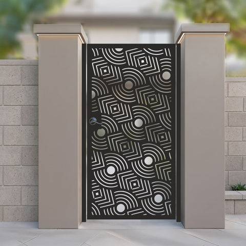 "The Orbit" Mid-Century Modern Metal Garden Gate | Geometric Circles & Squares Laser Cut Door | Luxury Art Deco Pedestrian Entrance | M70