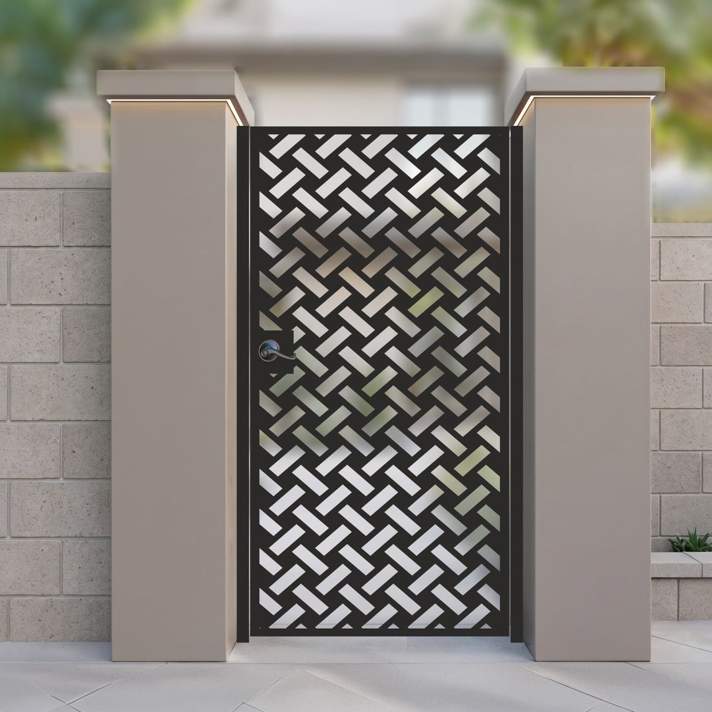 Basketweave Modern Metal Garden Gate | Geometric Interlocking Pattern Laser Cut Door | Architectural Woven Texture Luxury Outdoor Pedestrian Entrance | M87