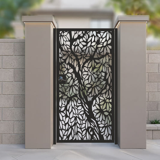 Tree of Life Modern Leaf Silhouette Metal Garden Gate | Botanical Themed Laser Cut Yard Door | Luxury Biophilic Outdoor Entry | Minimalist Side Alley Entrance | M90