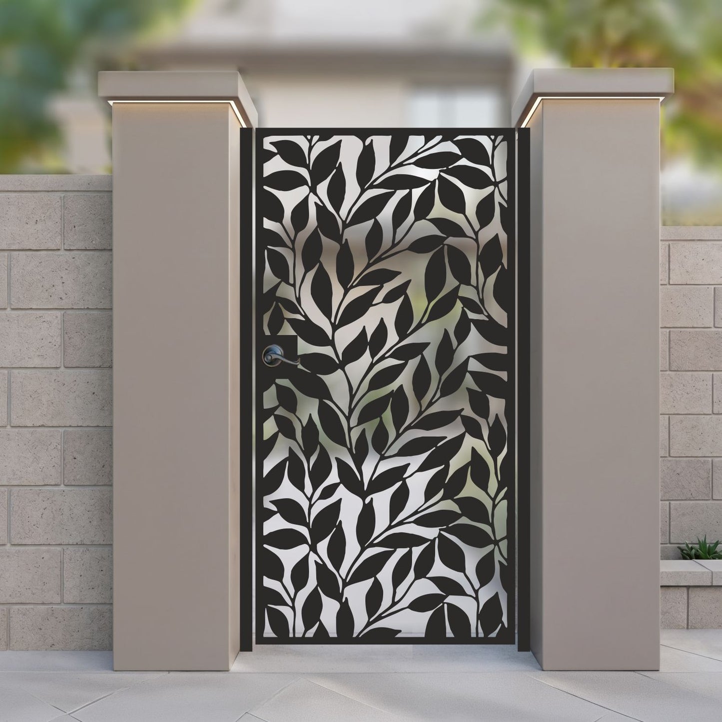 Modern Willow Leaf Pattern Metal Garden Gate | Laurel Leaf Silhouette Laser Cut Door | Luxury Biophilic Outdoor Entrance | Architectural Foliage Design Entry | M92