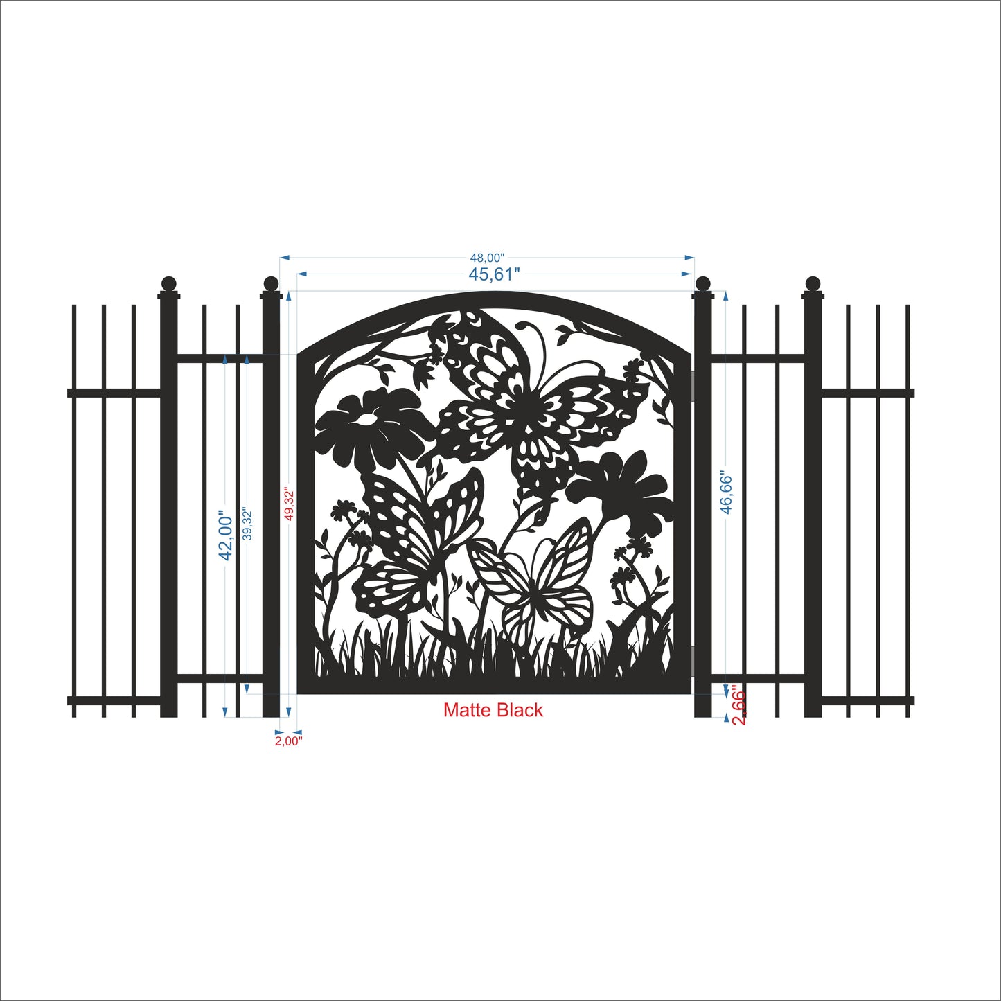 45"x46"Custom Gate, Metal Garden Gate, Metal Art Accent, Pedestrian Walk Thru Entry, Outdoor Indoor Garden Gate, Butterfly design gate 33