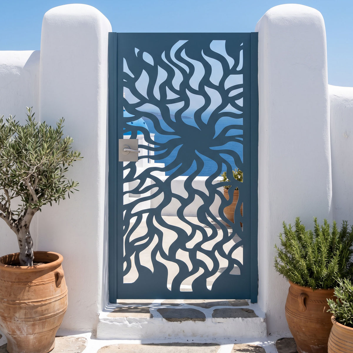 Solar Flare Laser Cut Metal Garden Gate | Modern Abstract Swirl | M109