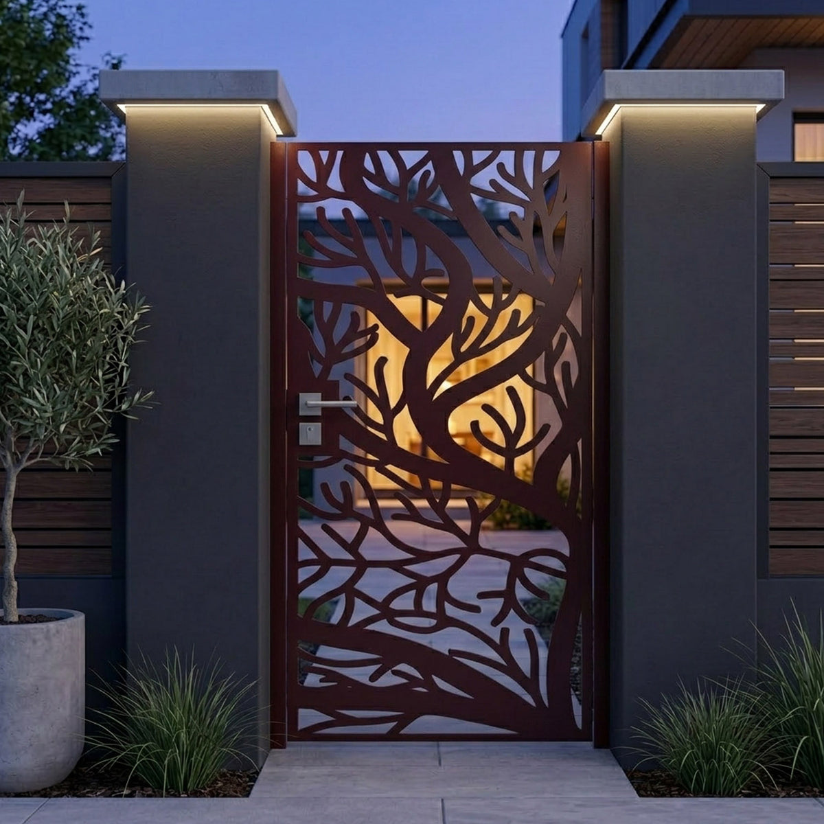 Nature inspired laser cut steel gate panel detail with powder coated red black finish