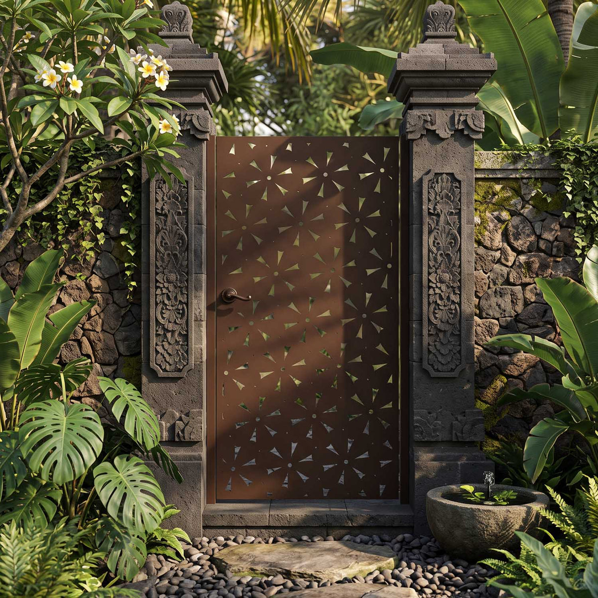 Minimalist laser cut steel gate panel detail with daisy pattern and powder coated brown finish