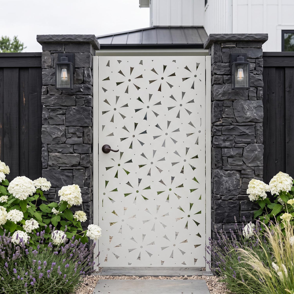 Daisy decorative metal side gate close-up showing laser cut petal and flower cutouts