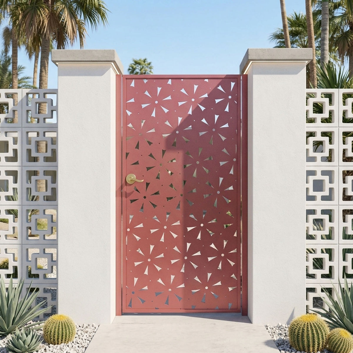 Daisy decorative metal side gate close-up showing laser cut petal and flower cutouts