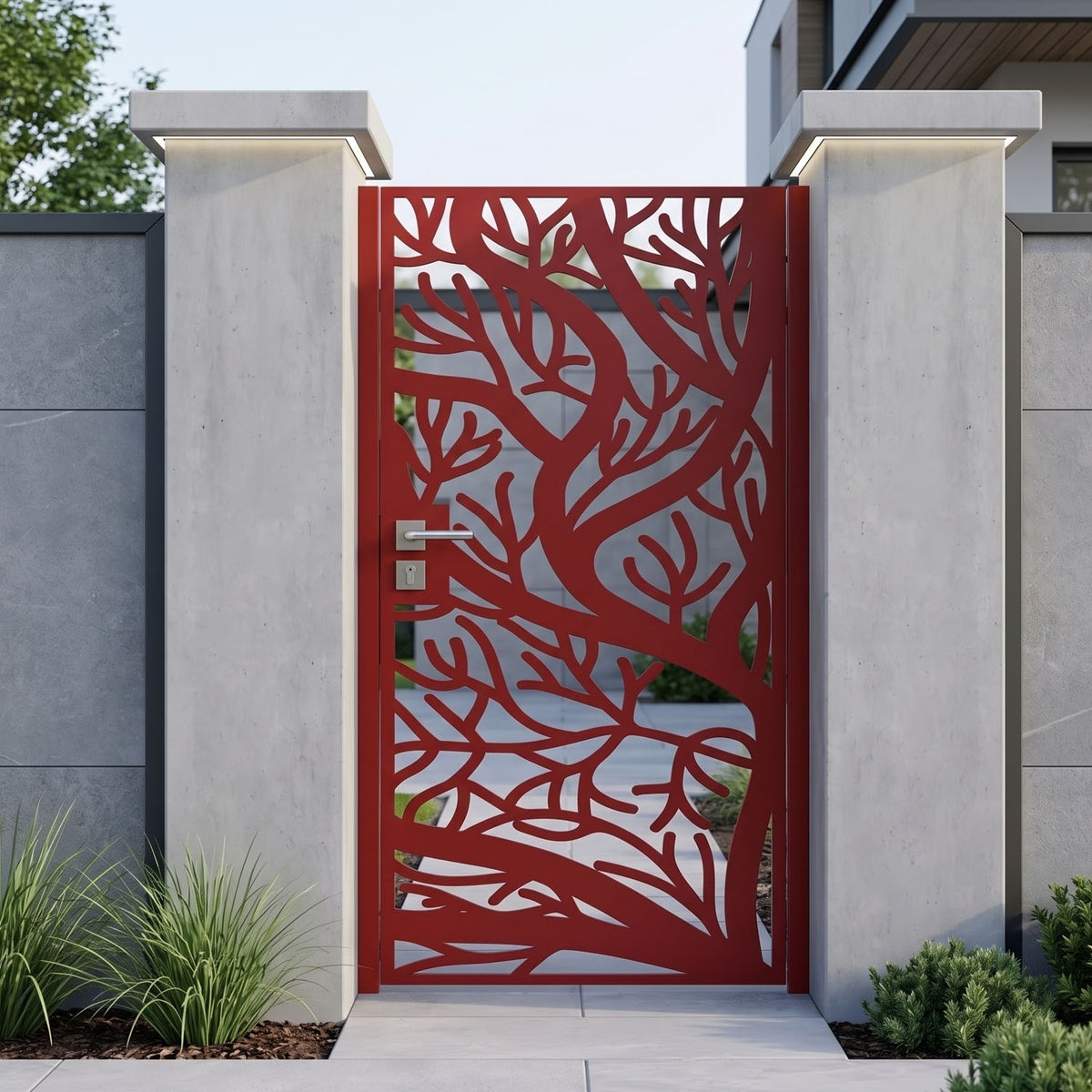 Winter tree branch silhouette steel pedestrian gate with lever handle and lockable latch