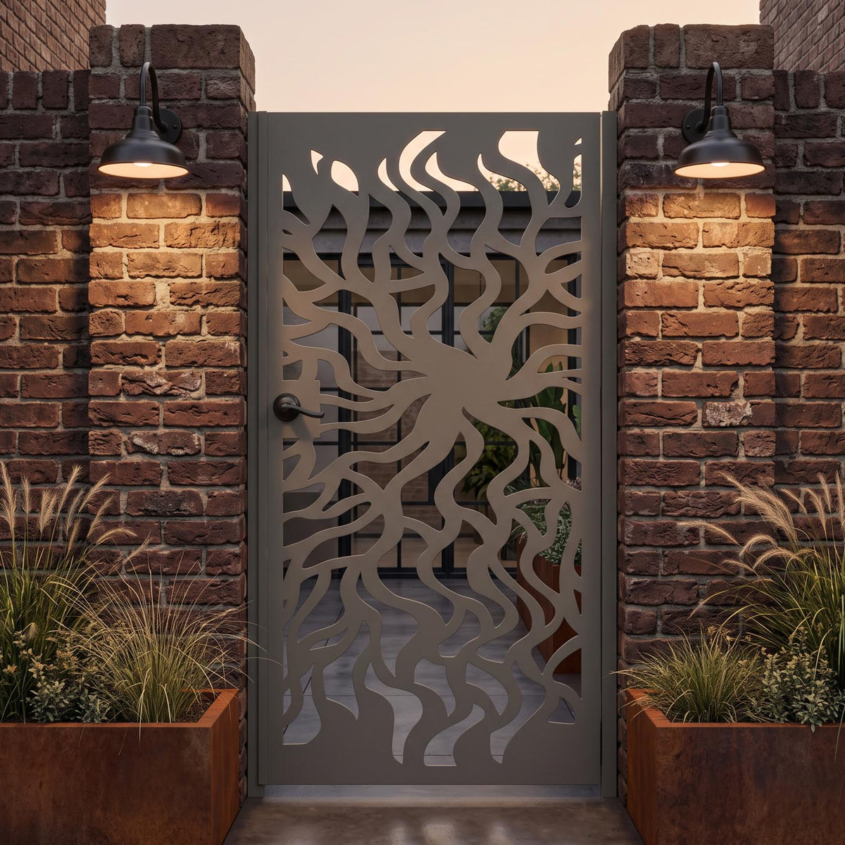 Solar Flare Laser Cut Metal Garden Gate | Modern Abstract Swirl | M109