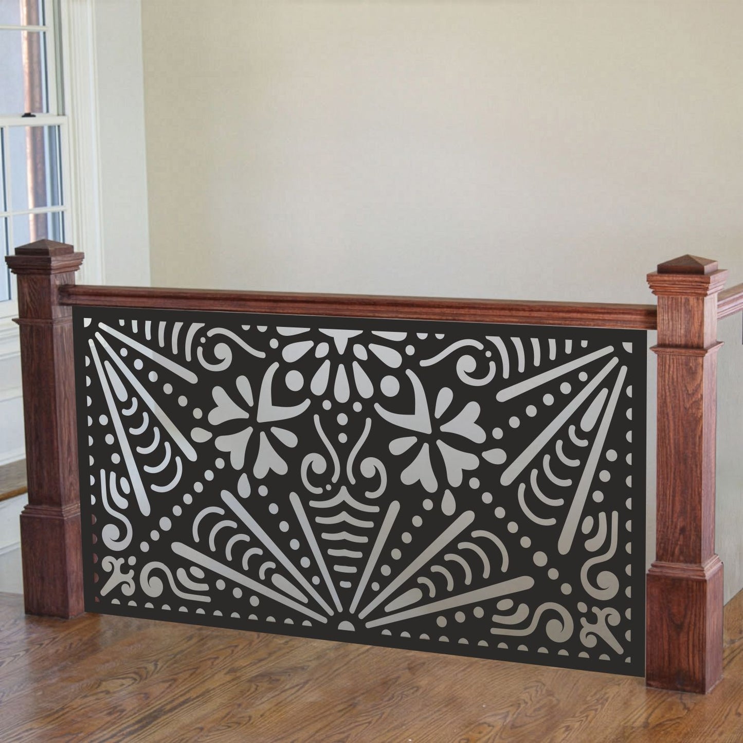 Ethnic Folk Art Laser Cut Metal Railing Insert | Modern Tribal Pattern Indoor Staircase and Loft Panel | Boho Sunburst Metal Privacy Screen | R21