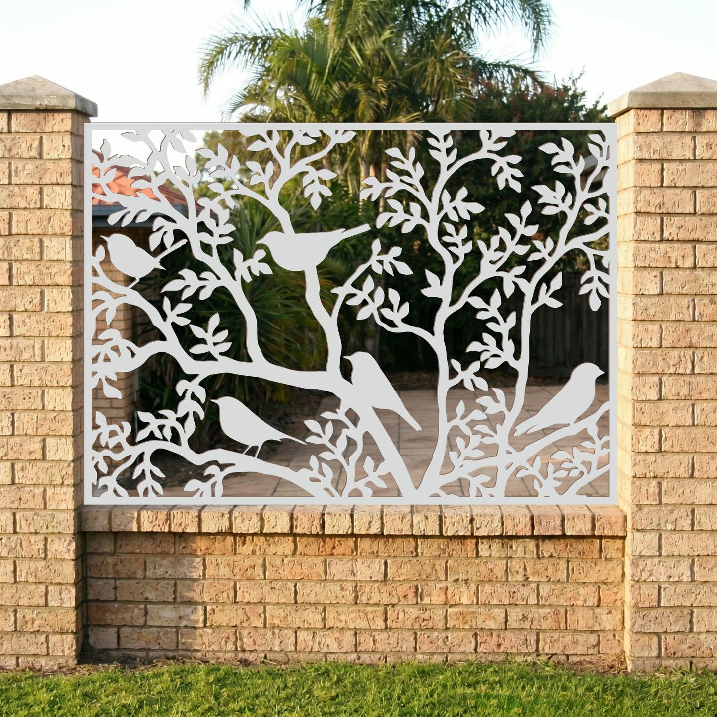 Birds on Tree Branch Laser Cut Metal Railing Insert | Decorative Nature Privacy Screen Panel | Custom Fence for Garden Wall and Deck | R29
