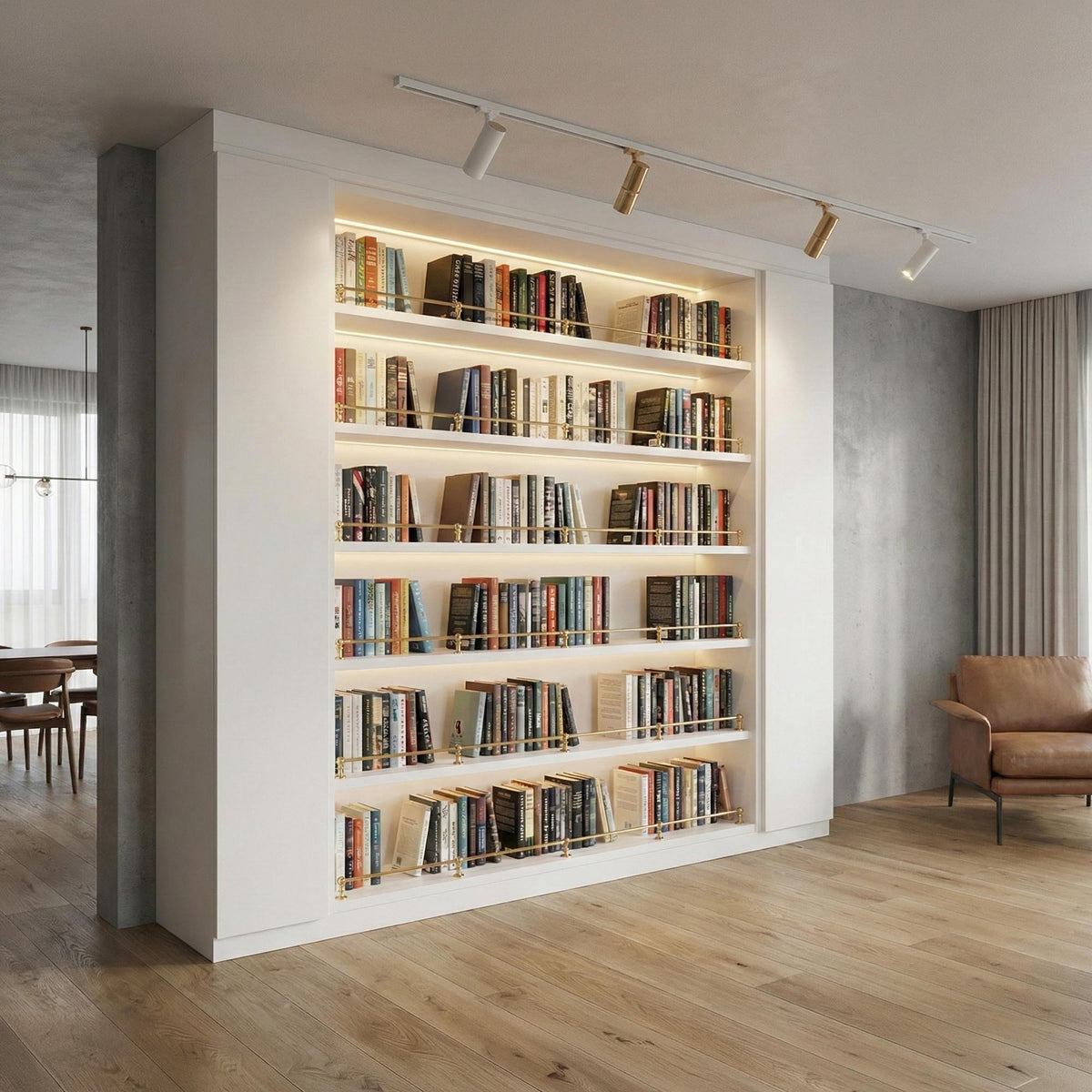 Modern white built-in bookcase featuring LED backlit shelves with brass gallery rail brass rods holding books in a luxury living room.