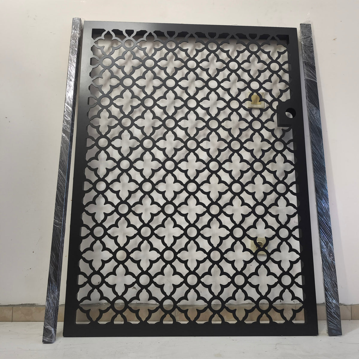 Front view of the Casablanca Moroccan decorative privacy gate with geometric floral cutouts and lock box, ready for shipping