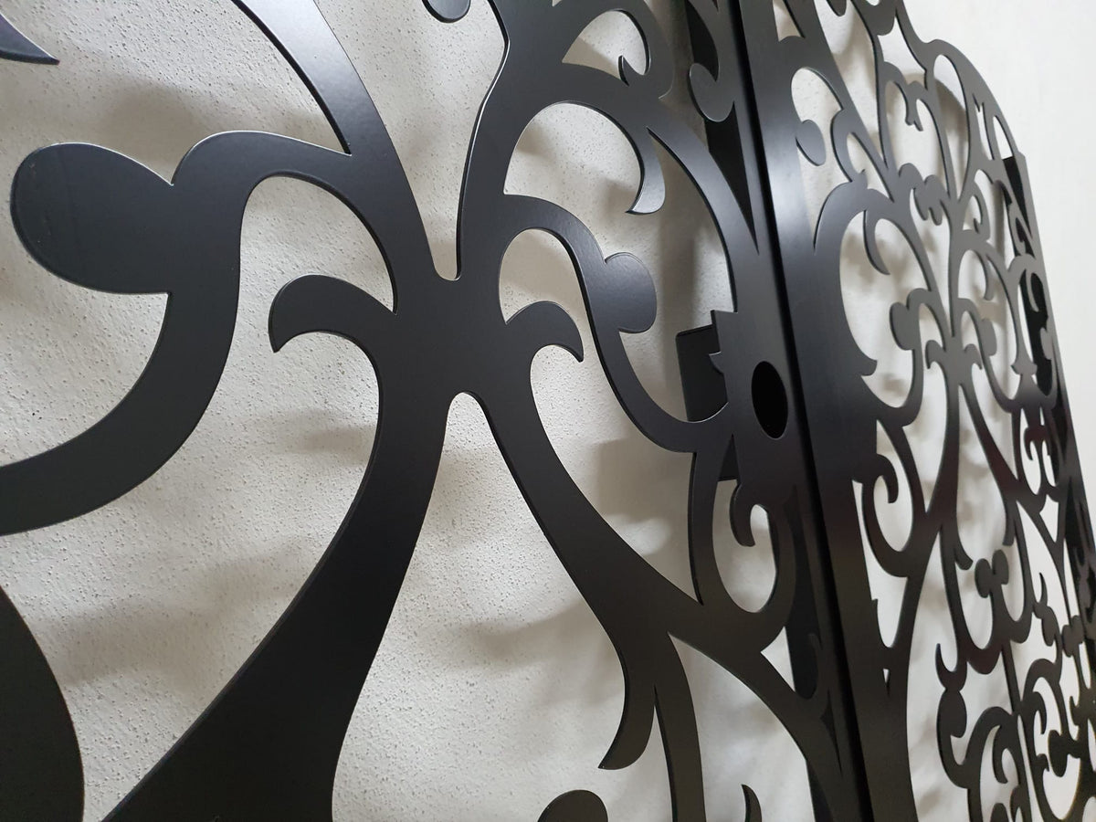 Black powder coated laser cut metal double driveway gate featuring ornate baroque scrollwork pattern