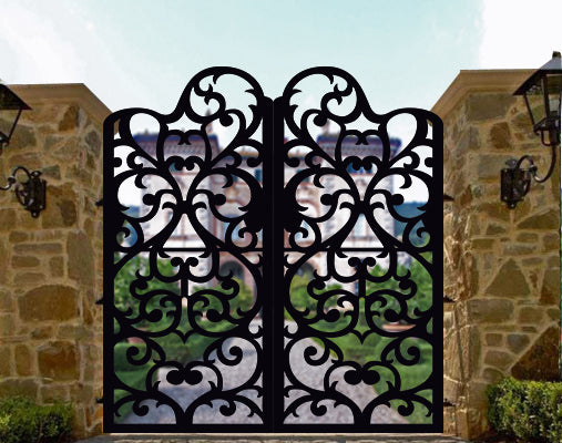 Black powder coated laser cut metal double driveway gate featuring ornate baroque scrollwork pattern installed between natural stone pillars