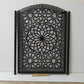 Black powder coated laser cut metal pedestrian garden gate featuring arched top frame with Islamic geometric star pattern and Greek key border