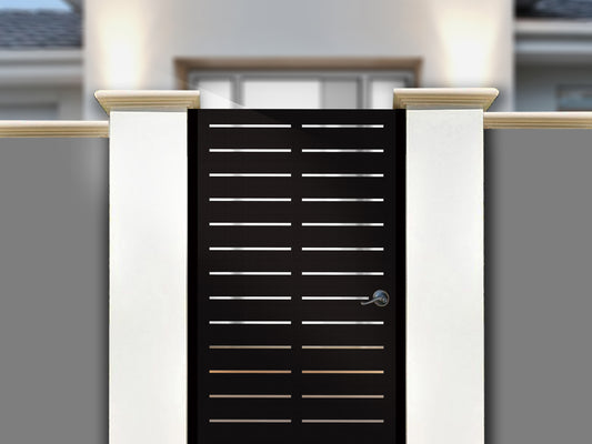 Black powder coated laser cut metal privacy garden gate featuring modern horizontal slat cutouts installed between white pillars