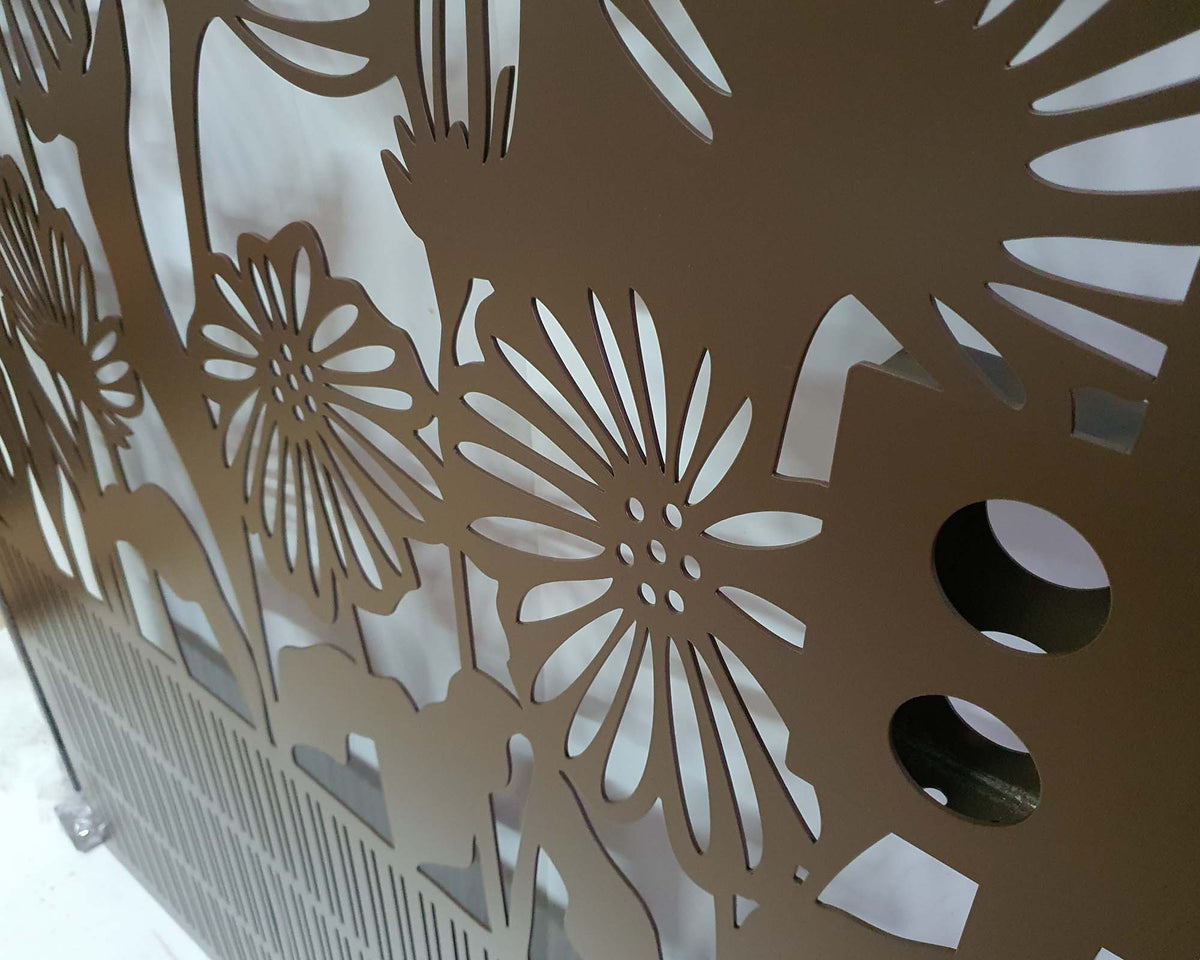 Metal laser cut pedestrian garden gate with arched top frame featuring central daisy flower garden pattern