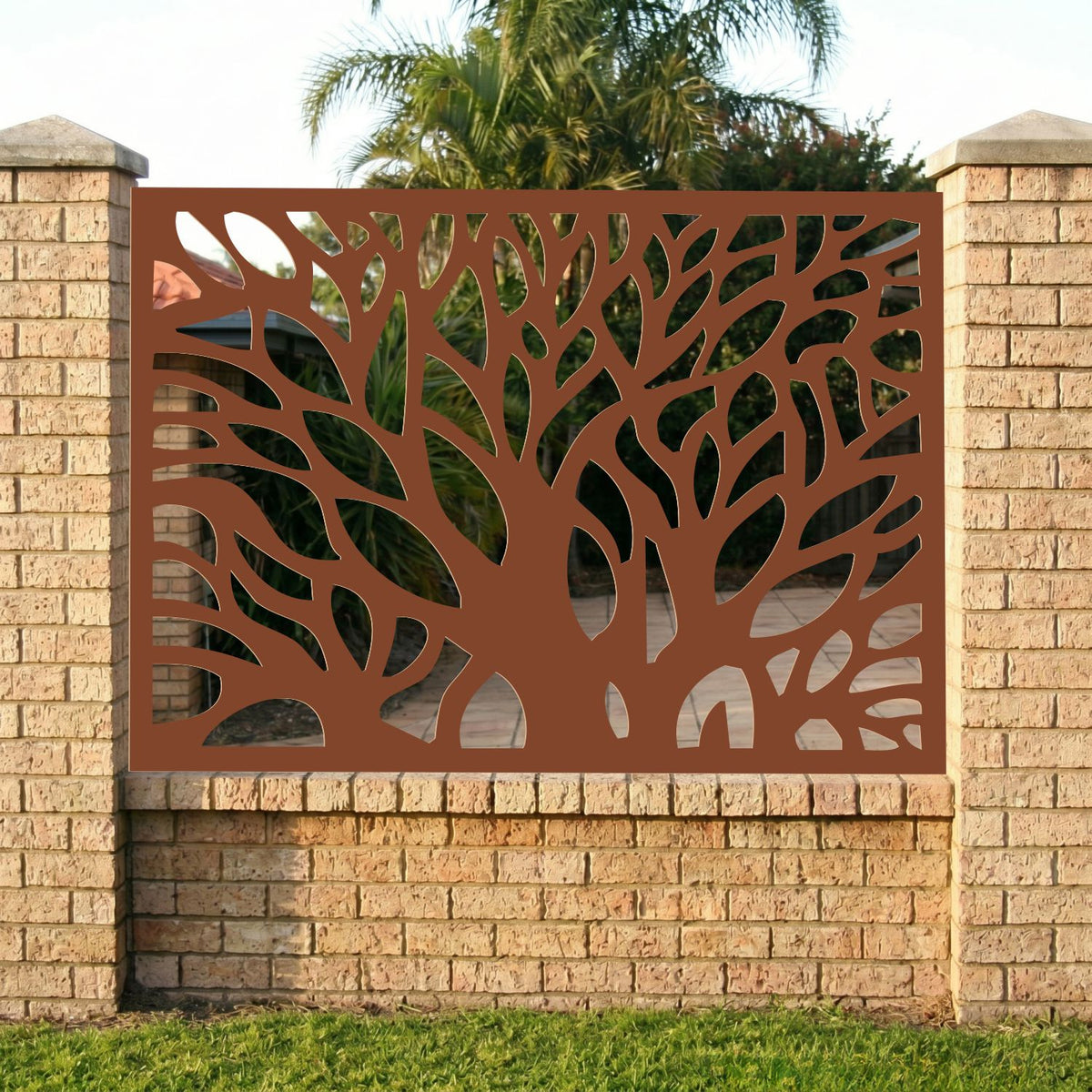 Brown decorative laser cut metal garden privacy screen panel with tree of life fence design
