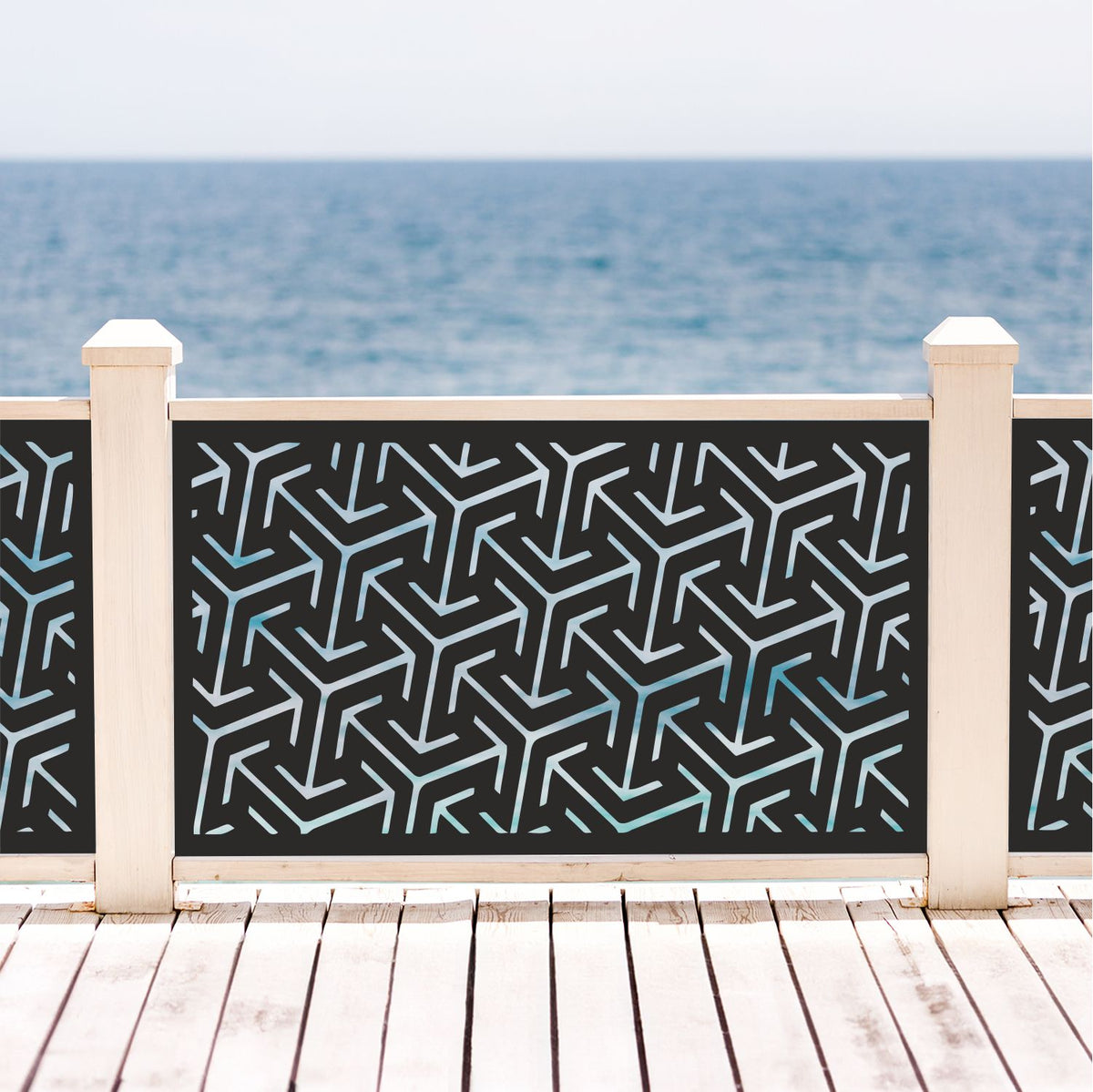 Black decorative laser cut metal deck railing insert panel with modern geometric cube pattern