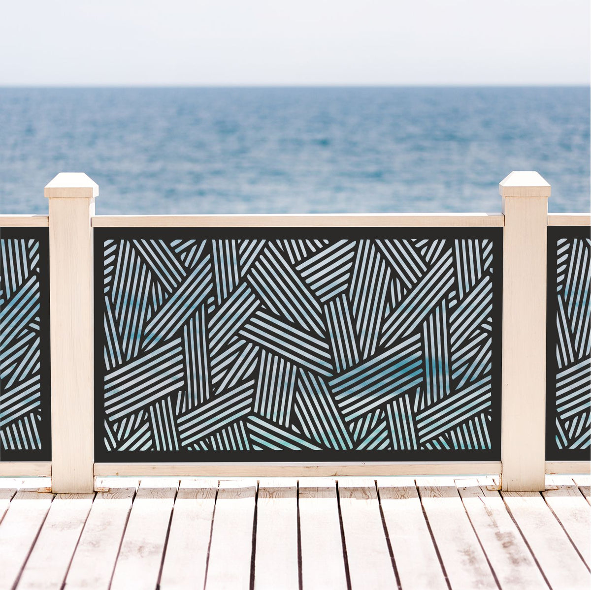 Black decorative laser cut metal deck railing insert panel with modern abstract line pattern