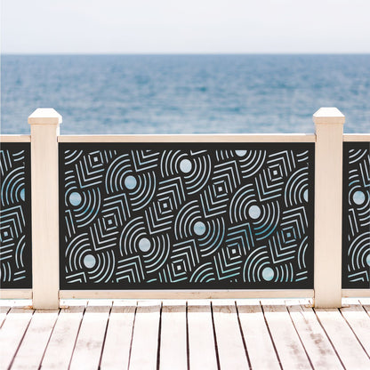 Black decorative laser cut metal deck railing insert panel with modern geometric circles pattern