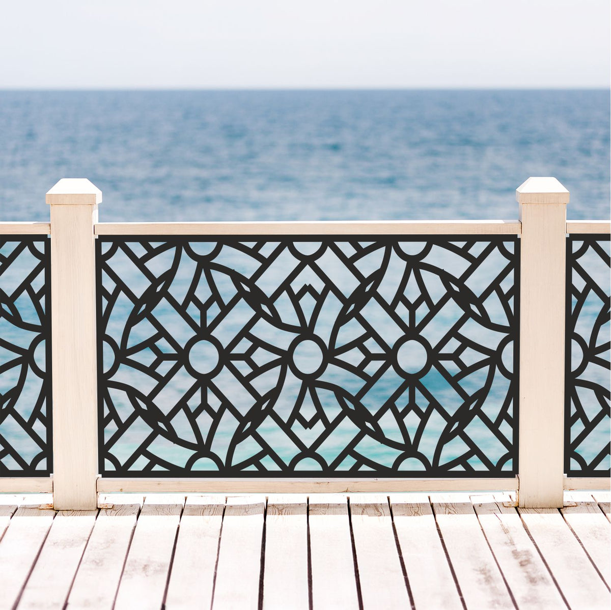 decorative laser cut metal deck railing insert panel with modern geometric rosette fence pattern