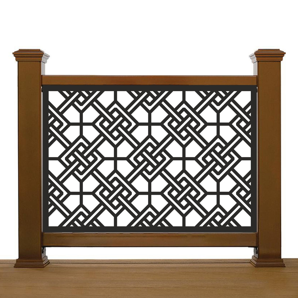 Black decorative laser cut metal deck railing insert panel with modern interlocking geometric lattice pattern