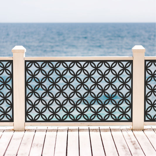 Black decorative laser cut metal deck railing insert panel with modern intersecting circle flower pattern