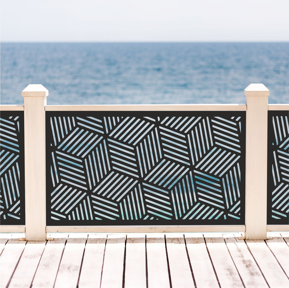 Black decorative laser cut metal balcony railing insert panel with modern isometric geometric cube pattern