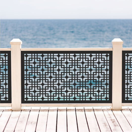 Black decorative laser cut metal deck railing insert panel with modern mid-century geometric interlocking pattern