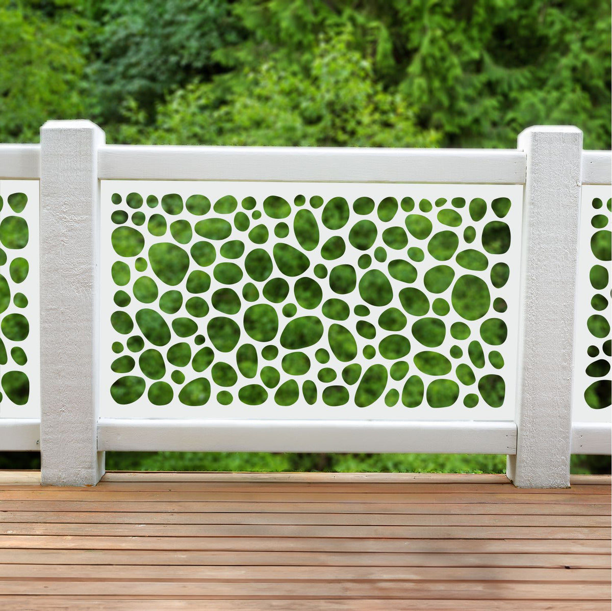 White decorative laser cut metal deck railing insert panel with organic pebble stone voronoi pattern