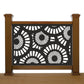 Black decorative laser cut metal deck railing insert panel with modern sunburst and radial circular geometric pattern