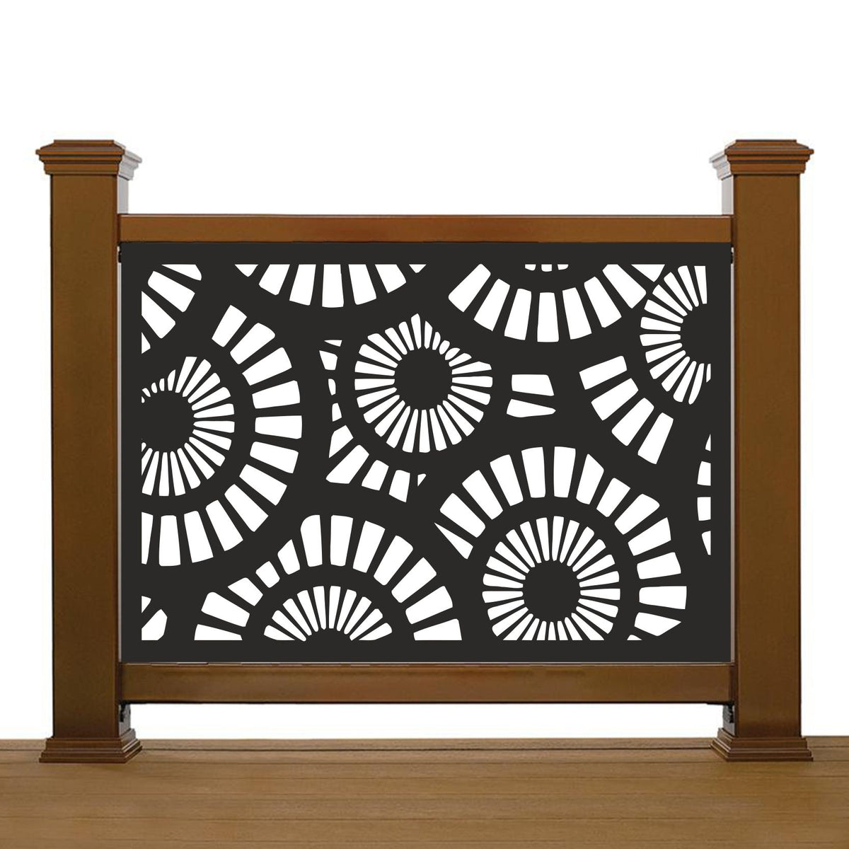 Black decorative laser cut metal deck railing insert panel with modern sunburst and radial circular geometric pattern