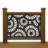 Black decorative laser cut metal deck railing insert panel with modern sunburst and radial circular geometric pattern