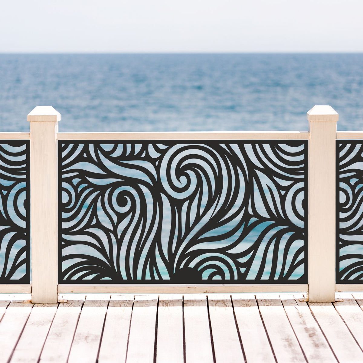 Black decorative laser cut metal deck railing insert panel with modern abstract swirl ocean wave pattern