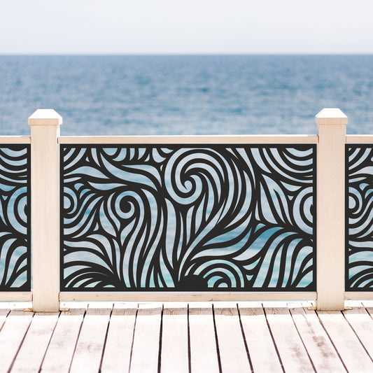 Black decorative laser cut metal deck railing insert panel with modern abstract swirl ocean wave pattern