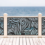 Black decorative laser cut metal deck railing insert panel with modern abstract swirl ocean wave pattern