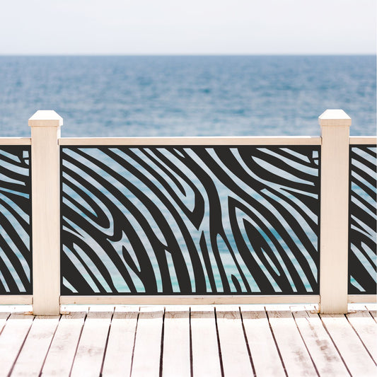 Black decorative laser cut metal deck railing insert panel with modern organic zebra stripe pattern