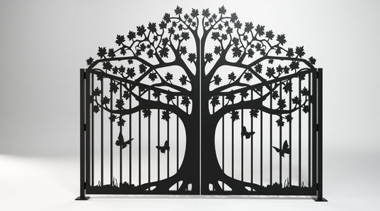 Metal laser cut double driveway gate featuring tree of life pattern with maple leaves, butterflies and scalloped top profile