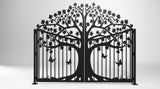 Metal laser cut double driveway gate featuring tree of life pattern with maple leaves, butterflies and scalloped top profile
