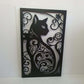 Black powder coated laser cut metal double pedestrian door featuring ornate cat silhouette pattern
