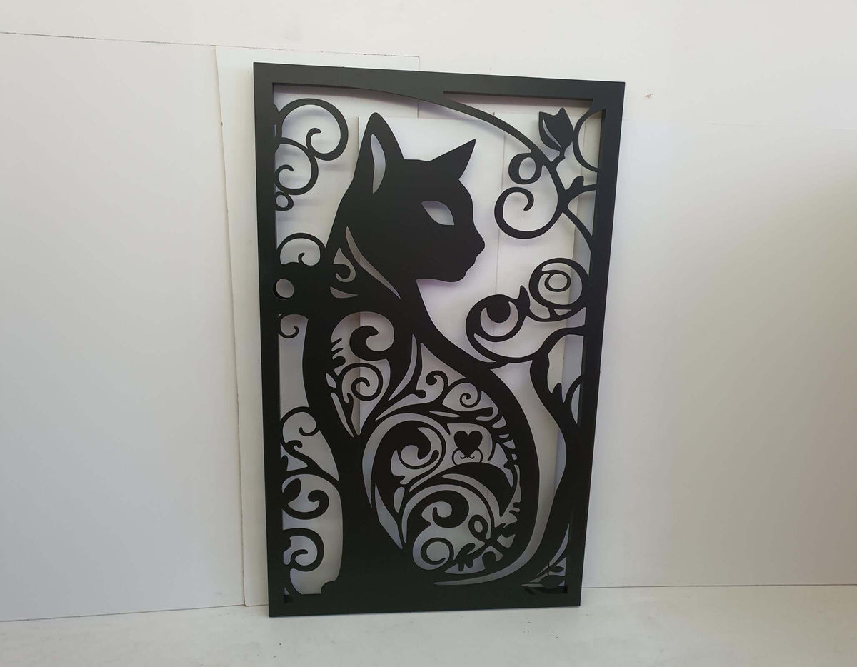 Black powder coated laser cut metal double pedestrian door featuring ornate cat silhouette pattern