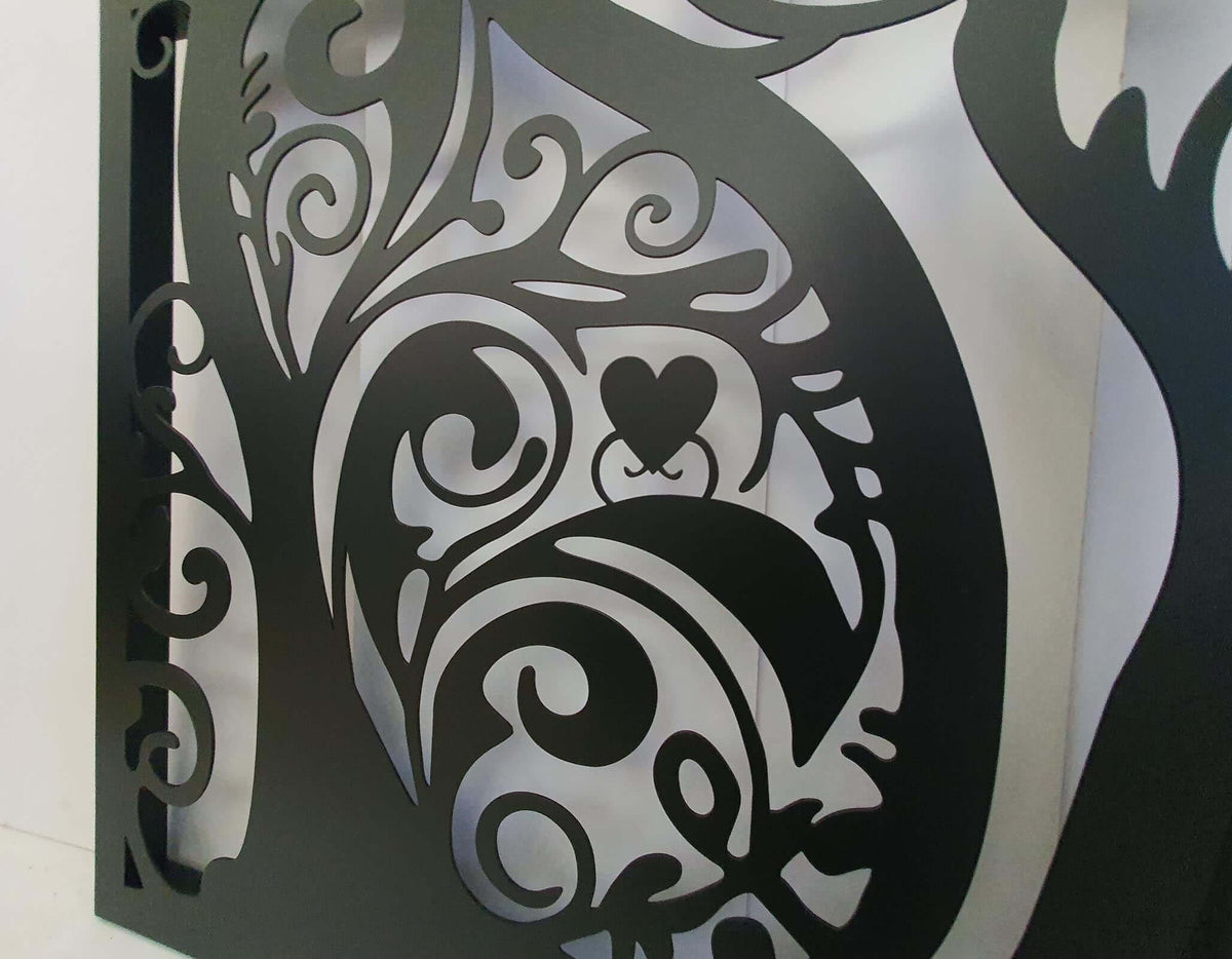 Laser cut metal double pedestrian gate featuring ornate cat silhouette pattern